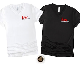 May include: A white and a black short-sleeve V-neck t-shirt, each featuring the red and black 'kw KELLERWILLIAMS' logo on the left chest. The shirts are labeled as Bella Canvas Unisex V-Neck, with a small coffee cup visible at the bottom center.