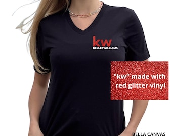 T-shirt unisexe Keller Williams avec logo pailleté et col en V : vêtements marketing pour agents immobiliers.