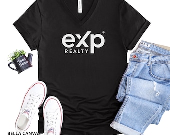 T-shirt à col en V Exp Realty : vêtements unisexes en toile Bella, chemise marketing pour agent immobilier, vinyle.