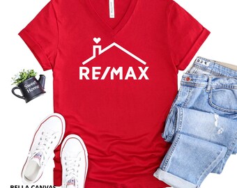 RE/MAX Roof & Heart V-Neck T-Shirt: Bella Canvas Unisex Top, Realtor Marketing Apparel, Vinyl.