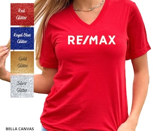 RE/MAX Glitter Logo V-Neck Unisex T-Shirt: Realtor Marketing Apparel.
