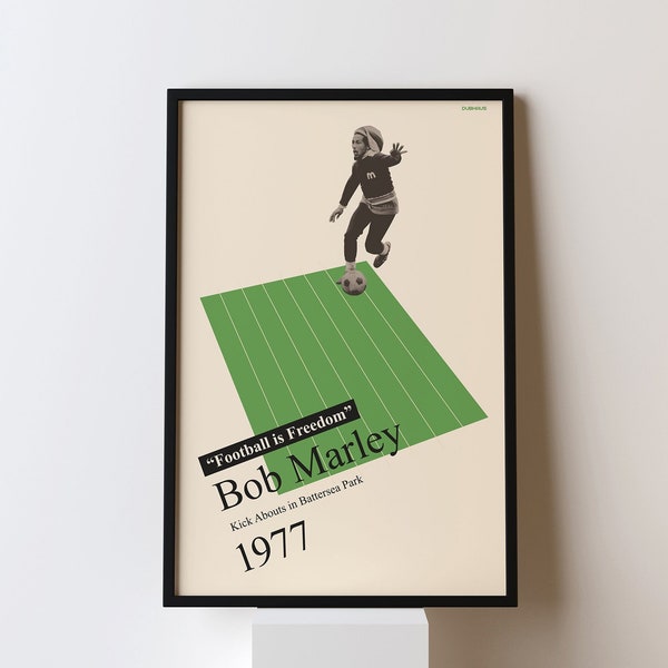 BOB MARLEY spielt FUSSBALL 1977 Plakat Druck Mid Centur Moderne Schweizer Typografie Bauhaus Battersea Park London Fussballjacke Ajax Trainingsanzug