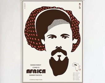 DAMIAN MARLEY comes to AFRICA 2016 Poster Print Vintage Map Bob Ziggy Roots Reggae Dub Zion Ethiopia Haile Selassie Lion Nas Obey Bauhaus