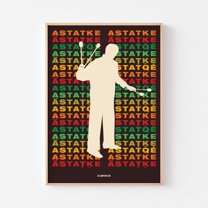 May include: A silhouette of a person holding two drumsticks in front of a dark brown background with the text "ASTATKE" repeated in various colors.