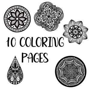 May include: A collection of black and white mandala designs for colouring. The image shows five different intricate patterns, including circular and teardrop shapes, with the text "10 COLORING PAGES". Ideal for relaxation and creative pursuits.