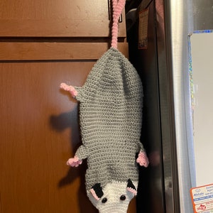 Handmade Crochet Opossum Grocery bag holder -- Great for organization in a unique way! Gift for opossum lovers!