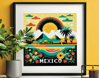 Colorful travel Mexico cross stitch pattern, Mexican pyramids funky xstitch digital format chart, Countries mexican needlepoint template PDF