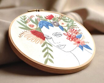 Woman embroidery pattern, Intermediate stitching PDF digital,  Floral portrait embroidery, Step by step stitch guide, Free beginner guide
