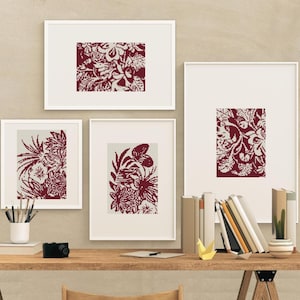 Pequenos padrões de ponto cruz botânico de cor única, gráfico digital de ponto cruz floral monocromático para download, conjunto de quatro designs