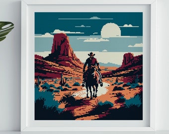 Cowboy cross stitch, Wild west cross stitch pattern, Cowboy embroidery design, Western cross stitch, Southwest landscape needlepoint pattern