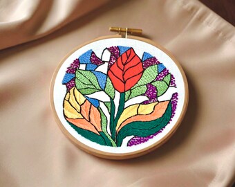Flowers stained glass embroidery pattern with video tutorial, Abstract embroidery design step by step, Beginner hand embroidery PDF download