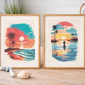 May include: Two framed art prints featuring tropical beach scenes. One depicts a sunset over the ocean with palm trees, the other shows a person fishing in the water. The artwork uses a pixelated style with vibrant colors, including orange, blue, and yellow.
