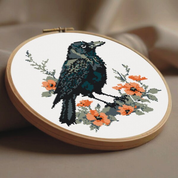 Crow cross stitch, Crow embroidery pattern, Black bird counted cross stitch design, Crow on branch pattern, Black bird gift, Black bird art