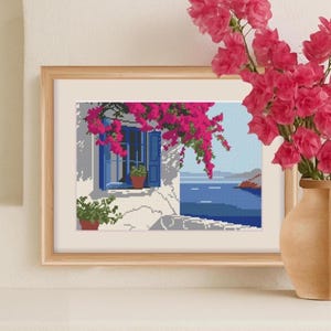 Chalet au bord de la mer en Grèce, peinture au point de croix, paysage architectural motif point de croix compté, xstitch numérique maison de l'île grecque