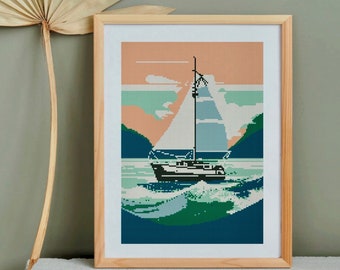 Ocean sailing boat cross stitch, Seascape nautical xstitch pattern, Coastal landscape counted cross-stitch chart, Sailing boat needlepoint