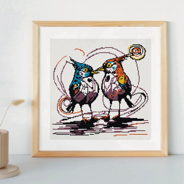 Kissing birds modern cross stitch pattern, Minimal funky birds pattern Xstitch pdf downloadable chart, Pair of birds needlepoint template