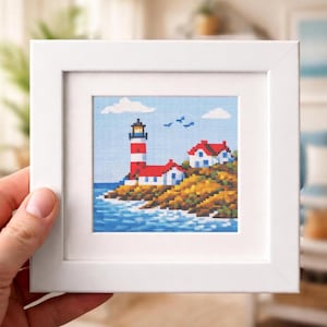 Miniature cross stitch pattern lighthouse scenery, 3x3 inches mini pdf instant download