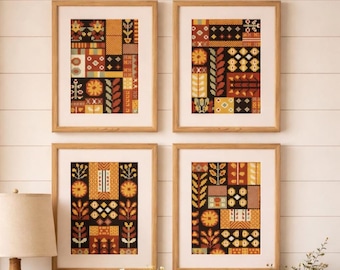 Patrones de punto de cruz Folk Sampler: Conjunto geométrico floral (Descarga digital)