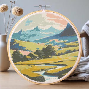 Mountain River Cross Stitch Pattern: Landscape Needlepoint (PDF Digital Download Chart, 11&quot;x11&quot;)