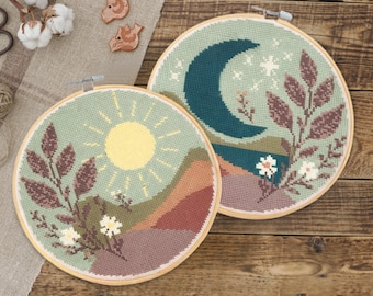 Boho Celestial Cross Stitch Pattern Set: Moon & Sun (Digital Download)