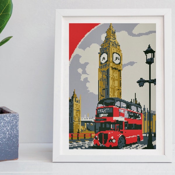 London cross stitch, England cross stitch pattern, London needlepoint, Red bus cross stitch, Travel cross stitch pdf, Counted cross stitch