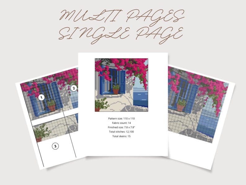 Seascape & Cottage Cross Stitch Pattern Set: Greek Island Coastal Scene (Digital Downloadable PDF Charts) image 5