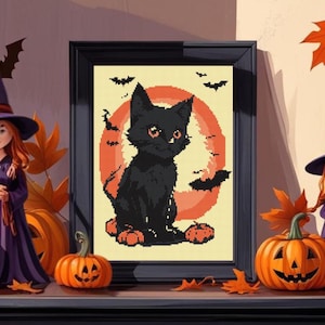 Black Cat Halloween Cross Stitch Pattern: Pumpkins, Bats (Digital Download)