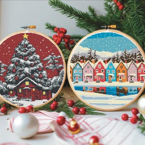 Bright festive Christmas cross stitch set patterns, Easy few colours xmas theme counted cross stitch digital download pdf charts for 9&quot; hoop