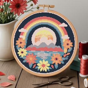 Kleurrijke bloemen regenboog kruissteek klein borduurpatroon, zonsondergang regenboog minimaal borduurwerk PDF digitaal formaat grafiek, Easy 9 inch xstitch