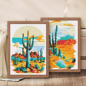 Southwestern cactus desert cross stitch set of two patterns, Western style wall art xstitch digital format, DIY home decor needlepoint craft