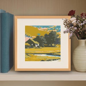 Gráfico de punto de cruz para pintura de paisaje cuadrado pequeño, patrón descargable digital en PDF de paisaje de montaña de granja para marco cuadrado.
