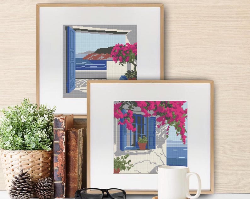 Seascape & Cottage Cross Stitch Pattern Set: Greek Island Coastal Scene (Digital Downloadable PDF Charts) image 8