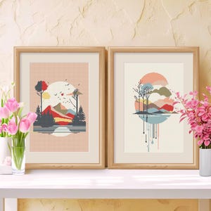 Abstracte minimalistische kunst kruissteekpatroon set van twee grafieken, modern minimaal landschap xstitch digitaal formaat, hedendaagse borduurkunst