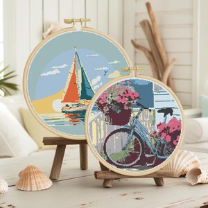 Ensemble de point de croix avec vue sur la mer, modèles pdf de point de croix compté vivant sur la côte avec quelques couleurs pour la couture au cerceau, cartes des océans maritimes
