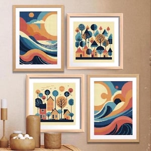 Puede incluir: Cuatro láminas de arte enmarcadas expuestas en una pared. Dos láminas presentan paisajes abstractos y ondulados en tonos naranja, azul y crema. Las otras dos representan casas y árboles estilizados en un bosque con fondo crema.