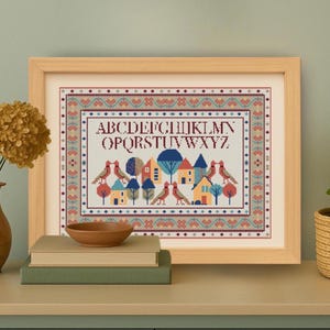Primitive sampler alphabet village cross stitch pdf pattern, Houses and trees large cross stitch sampler pdf digital file with few colours