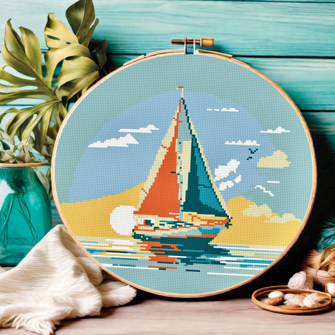 Sailboat Cross Stitch Pattern, Sea Cross Stitch, Boat Cross Stitch