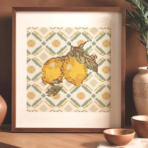 Folk tile lemon cross stitch pdf, Portuguese tile 6x6 inches square pattern