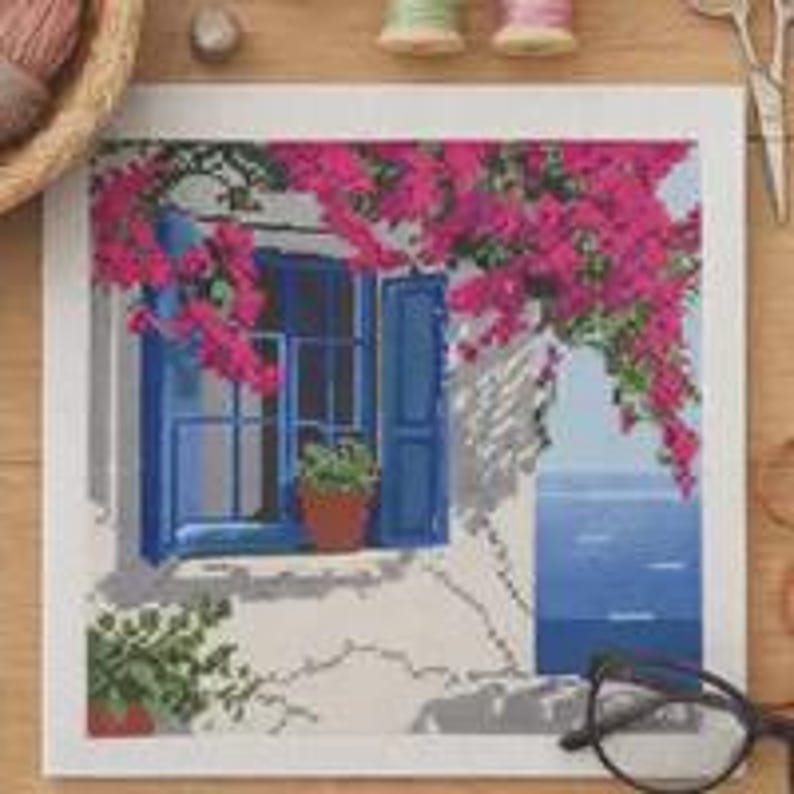 Seascape & Cottage Cross Stitch Pattern Set: Greek Island Coastal Scene (Digital Downloadable PDF Charts) image 6