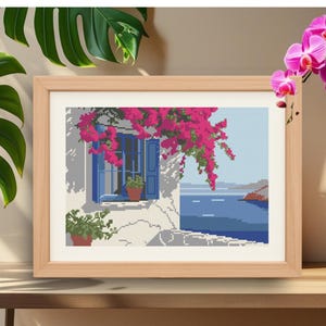 Chalet au bord de la mer en Grèce, peinture au point de croix, paysage architectural motif point de croix compté, xstitch numérique maison de l'île grecque