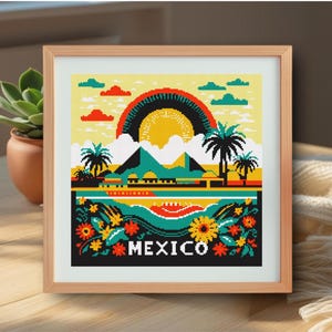 Kleurrijk kruissteekpatroon Mexico reizen, Mexicaanse piramides funky xstitch digitaal formaat grafiek, Mexicaanse borduursjabloon landen pdf