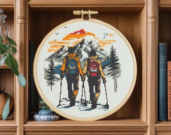 Mountain Trekkers Cross Stitch Pattern: Outdoor Hiking Scenery (PDF Download)