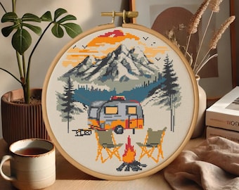 Camping Cross Stitch Pattern: Mountain Camper Caravan (Digital Downloadable PDF File)