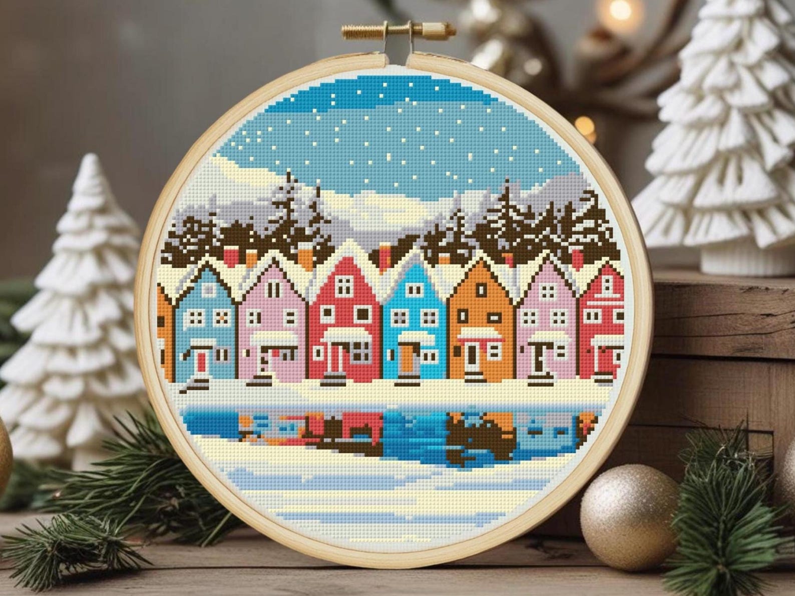 Winter Village Cross Stitch Pattern: Snowy Lake Town Landscape (PDF ...