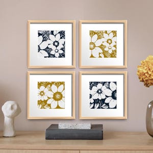 Set van vier monochromatische kruissteekpatronen met grote bloemen, eenvoudige moderne digitale downloadkaarten met getelde kruissteken voor doe-het-zelf wanddecoratie
