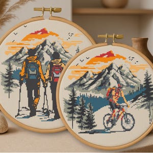 Outdoor Sport Enthusiasten Kreuzstich Set PDF-Muster, Wenige Farben digitale Kreuzstichmuster, Wandern und Radfahren xstitch Theme