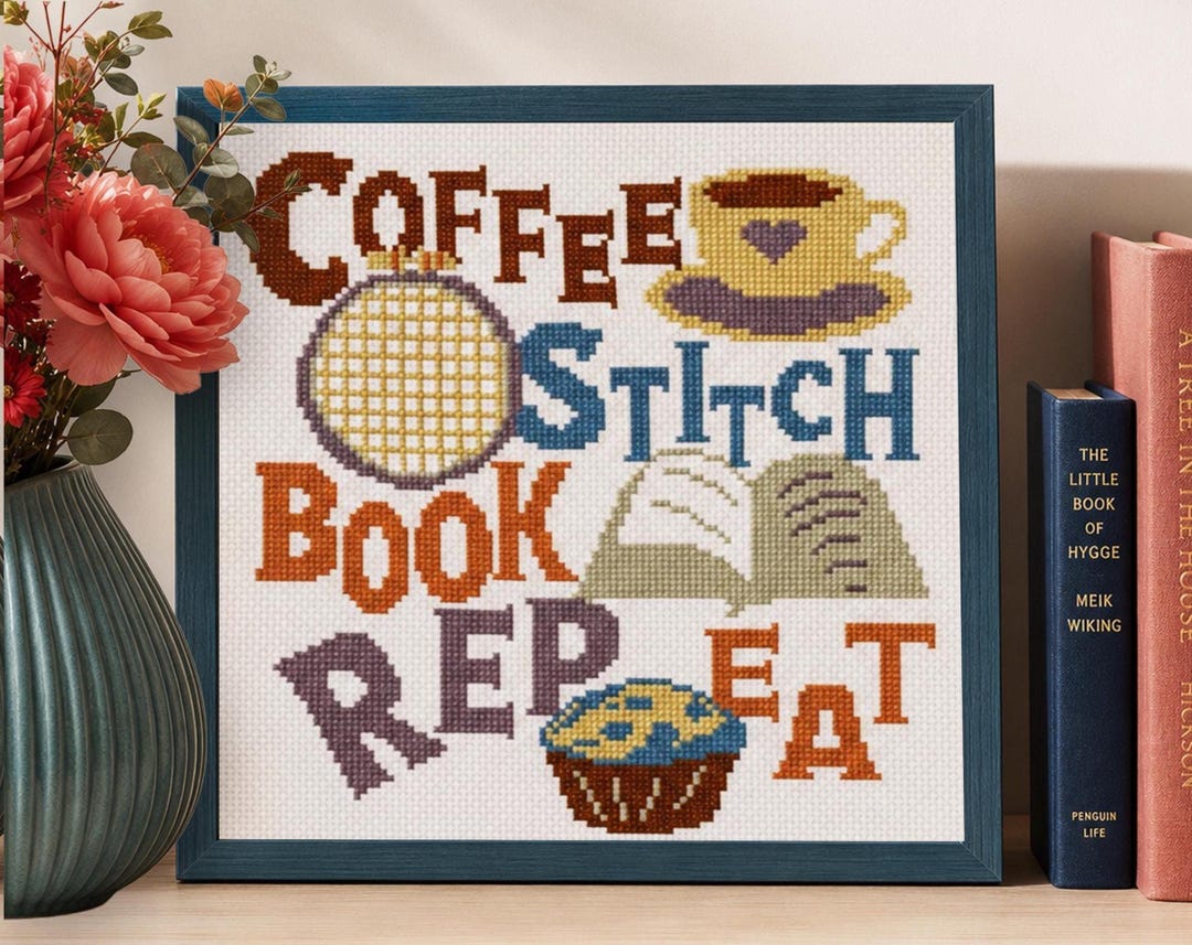 Coffee, Stitch, Book, Repeat Cross Stitch Pattern PDF Instant Download ...