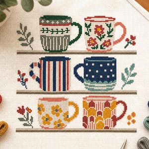 May include: Cross-stitch design featuring six mugs with various patterns, including stripes, polka dots, and floral motifs. The mugs are arranged on shelves with decorative sprigs. The color palette includes green, red, blue, yellow, and white. Embroidery floss is visible in the foreground.