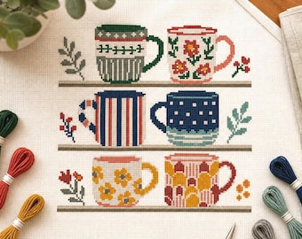 Mug Collection Cross Stitch Pattern, Cute Teacups Embroidery