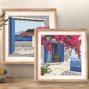 Seascape & Cottage Cross Stitch Pattern Set: Greek Island Coastal Scene (Digital Downloadable PDF Charts) image 1
